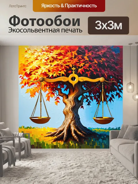Фотообои стало символом справедливости дерево, главное дерево с весами, выполненное в технике акриловой живописи