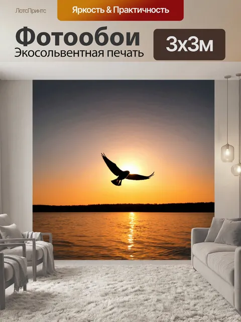 Фотообои птица, парящая в небе во время заката, её контуры очерчены золотым светом, а внизу виднеется спокойное…