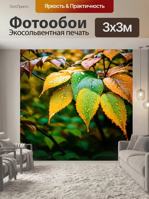 Фотообои осень — сад в дождливую погоду, когда капли стекают по листьям