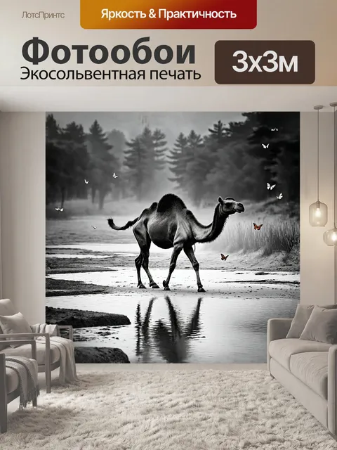 Фотообои верблюд, медленно шагающий по побережью пруда, оставляет следы на влажном песке