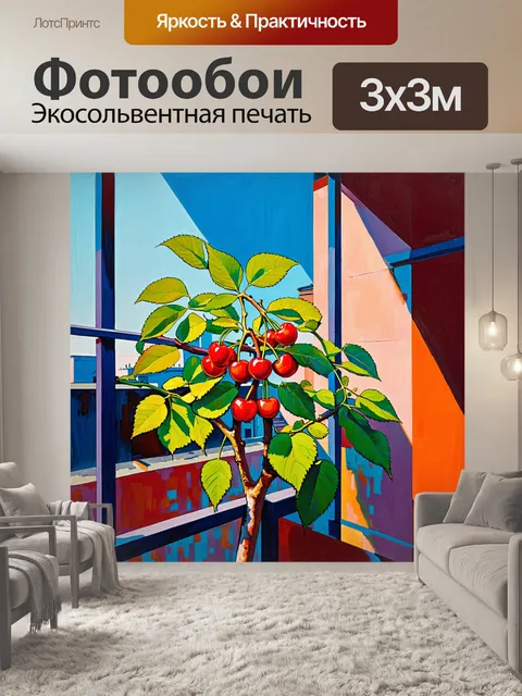 Фотообои живописный городской фон с вишней, растущей на балконе, с яркими красными ягодами, отражающими свет