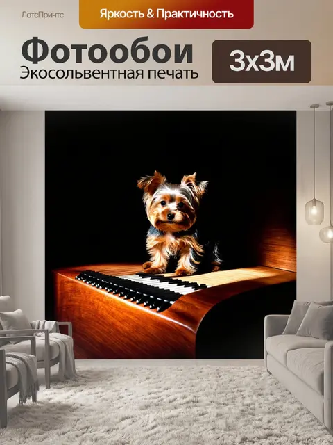 Фотообои йоркширский терьер, уютно устроившийся на старом музыкальном инструменте в тёмном, таинственном помещении…