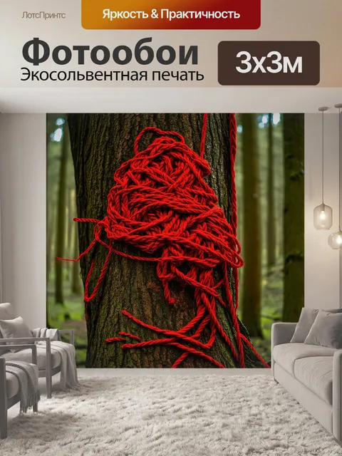 Фотообои красные нитки, запутанные среди старого дерева в лесу, создающие узоры