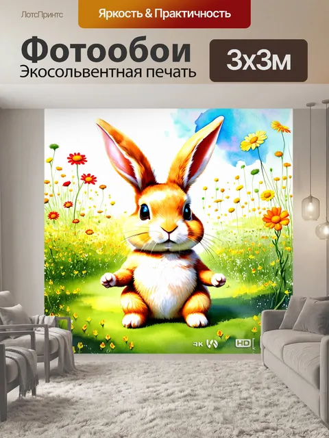Фотообои весёлый кролик, который делает йогу на цвете почти фантастических цветочных полях, с выражением полного…