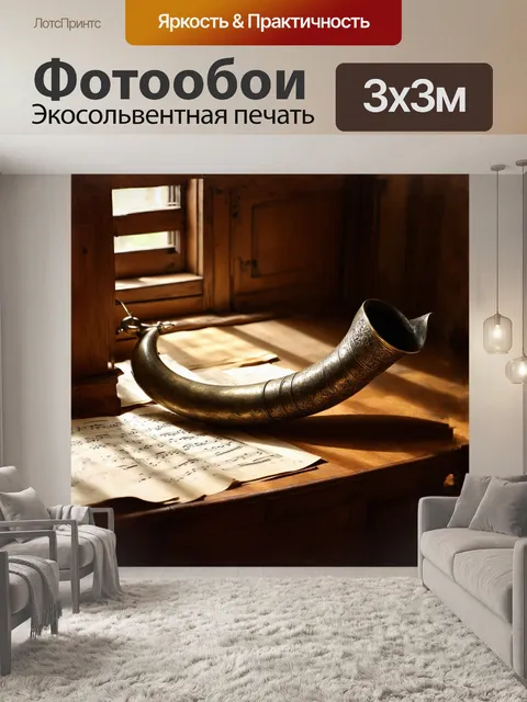 Фотообои рог, украшенный изысканным узором, находится на старинном деревянном столе, покрытом слоем пыли и видимых…