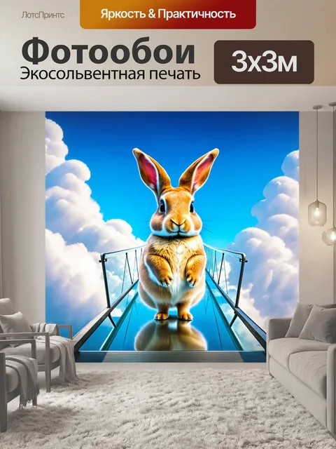 Фотообои животные в стиле сюрреализм, изображение кролика, стоящего на стеклянном мосту, ведущем в облака