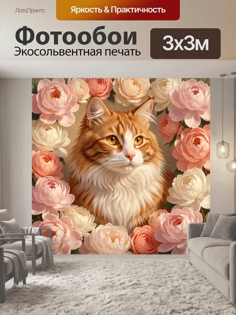 Фотообои Рыжий кот среди пионов