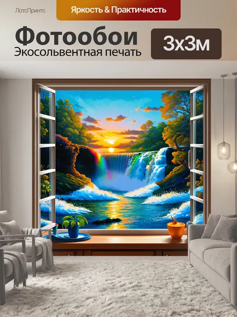 Фотообои из окна можно наблюдать как закат заливает водопад, создавая радугу в воздухе