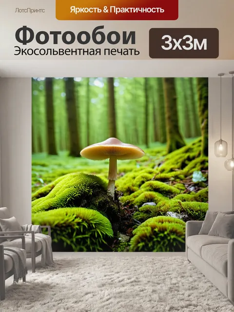 Фотообои шведский лес в летнюю пору, где лежат мягкие мхи и яркие грибы