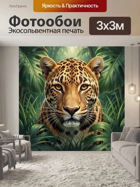 Фотообои Леопард в тропических листьях