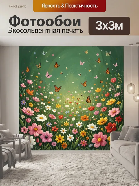 Фотообои Цветочный луг с бабочками