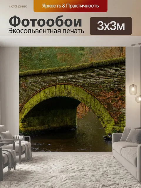 Фотообои обветшалый мост через реку, покрытый мхом и лишайниками, с корнями деревьев, обвивающими его