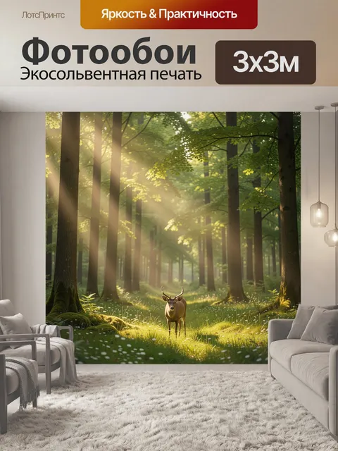 Фотообои Олень с небольшими рогами стоит на залитой солнцем поляне в густом летнем лесу