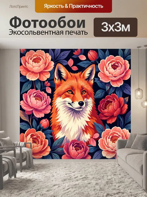 Фотообои Лиса среди цветущих пионов