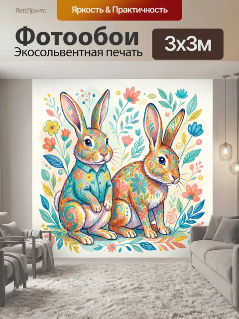 Фотообои Два зайца среди цветов