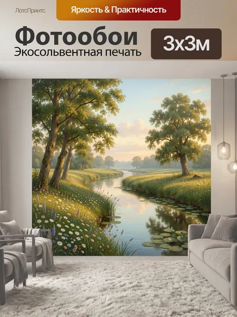 Фотообои Летний речной пейзаж с цветами