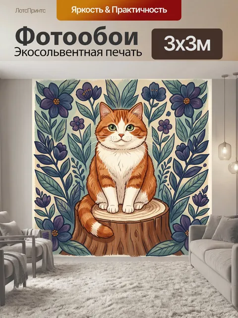 Фотообои Рыжий кот среди цветов