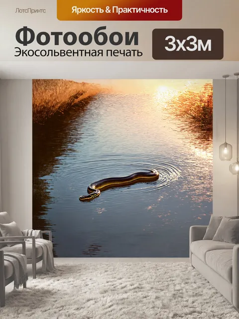 Фотообои удав, грациозно извиваясь, преодолевает широкий поток реки, его мечтательная фигура отражается в воде