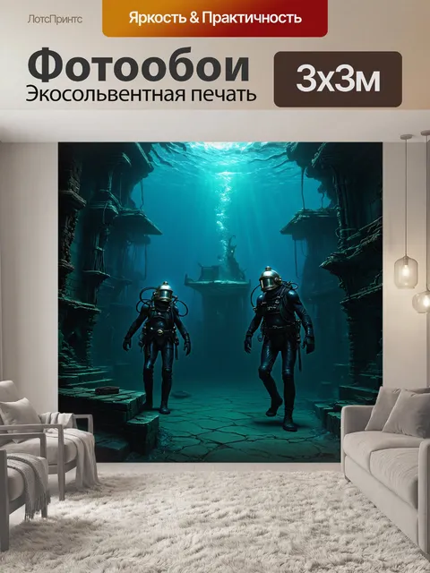 Фотообои атмосфера заброшенного подводного городка, где водолазы в блестящих шлемах исследуют разрушенные здания