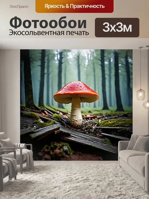Фотообои в центре изображения величественный гриб с яркой красной шляпкой