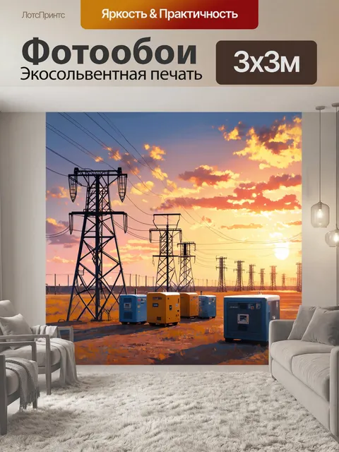 Фотообои энергетическая станция с множеством генераторов и линий электропередач на фоне заката