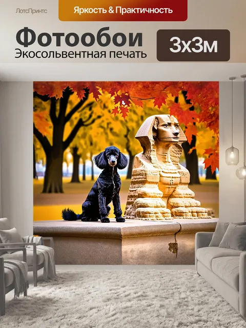 Фотообои черный пудель сидит на краю сфинкса в парке, его одеяние цвета смоли контрастирует с яркими листьями осени