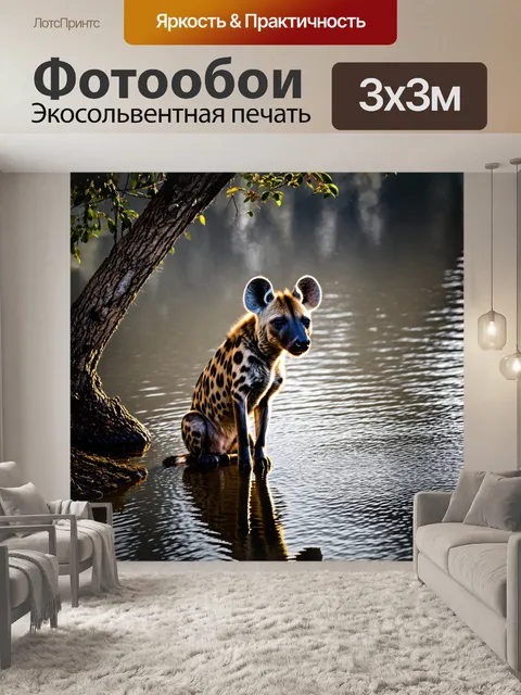 Фотообои пятнистая гиена, сидящая на краю водоёма под тенью деревьев