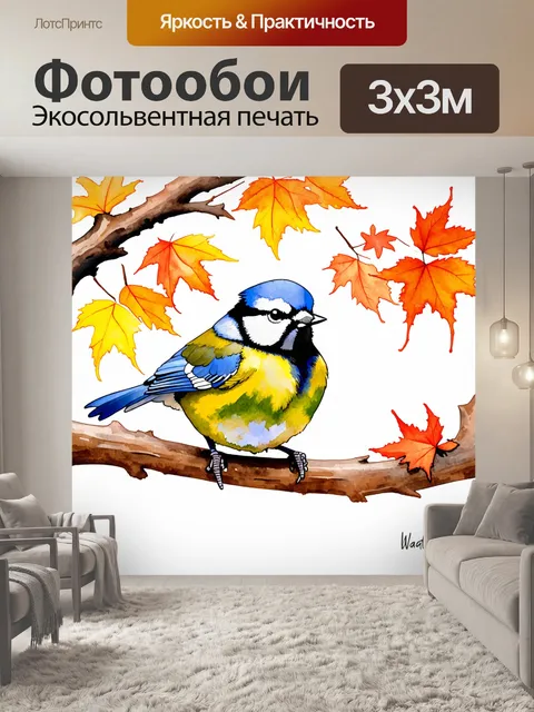 Фотообои лазоревка, играющая на ветвях, окруженная красочным осенним лесом, где листья меняют цвет