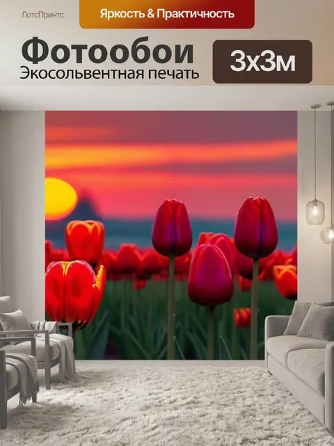 Фотообои палитра тюльпанов на фоне заката