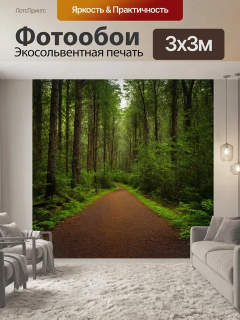 Фотообои лес с длинной тропинкой, ведущей через дорогу