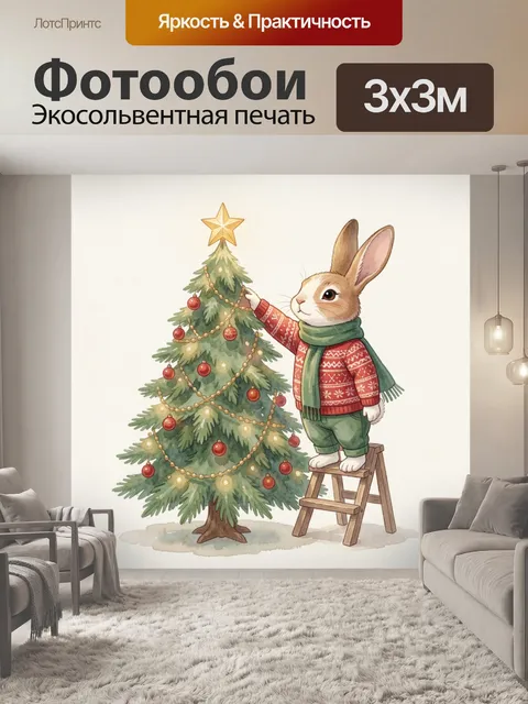 Фотообои Зайчик украшает новогоднюю елку