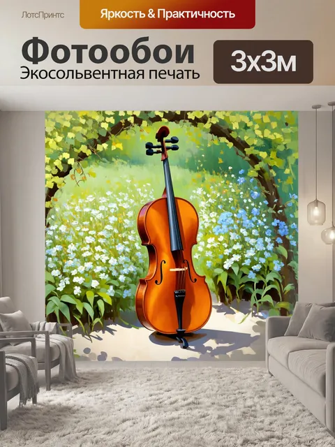 Фотообои виолончель среди цветов в саду, ветви деревьев опускаются, создавая очаровательный навес