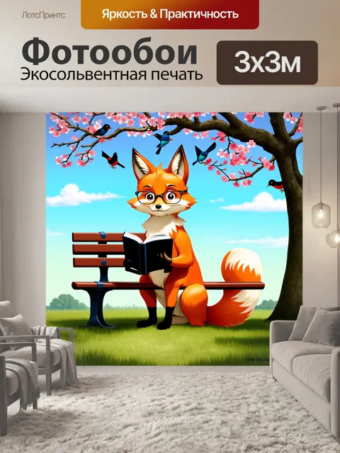 Фотообои хитрый лис с очками по чтению стихотворения в парке, сидя на скамейке под цветущим деревом