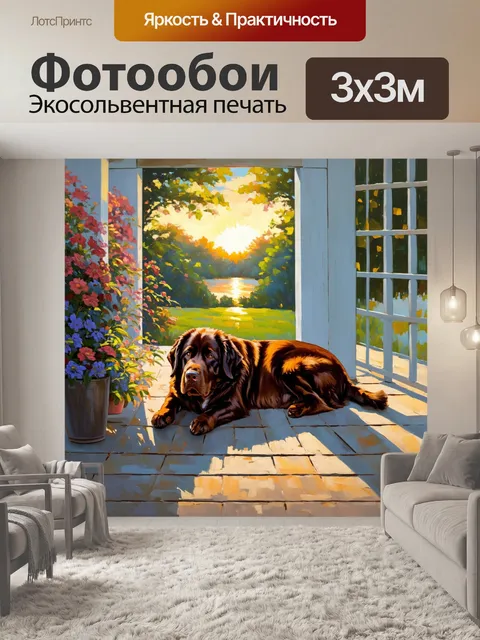 Фотообои спокойный рассвет на обычном дворе, где ньюфаундленд нежно спит на веранде, окруженный цветами