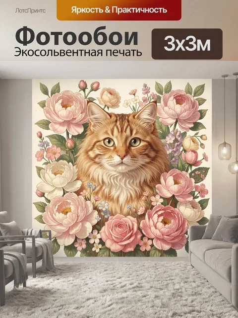 Фотообои Кошка с цветочным венком роз