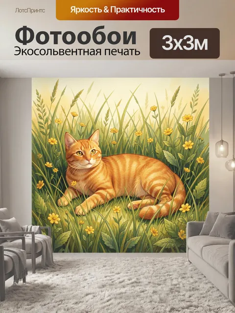 Фотообои Рыжий кот в луговых цветах
