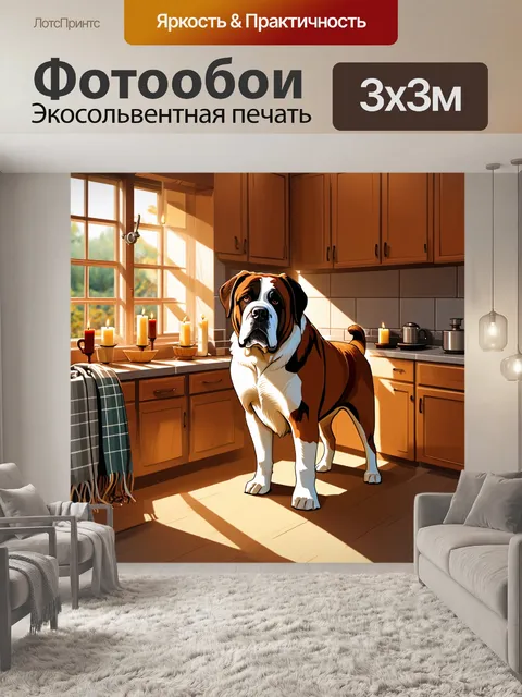 Фотообои иллюстрация, где сен-бернар стоит на фоне уютной деревенской кухни, окруженной предметами домашнего уюта…