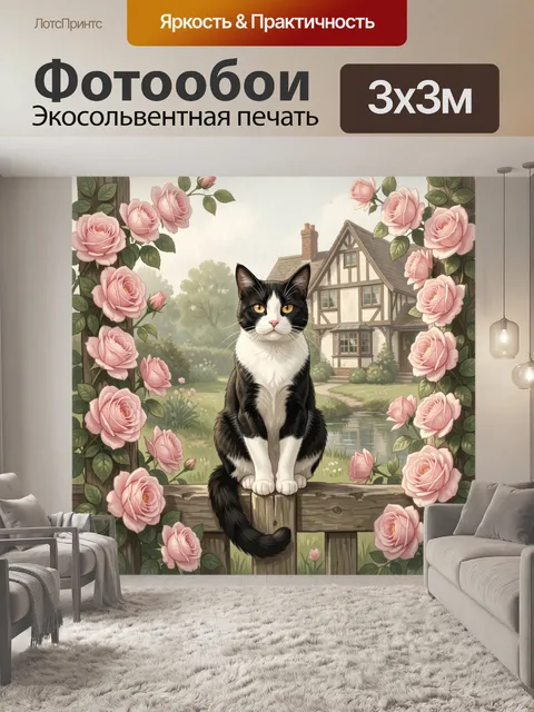 Фотообои Кот в саду с розами