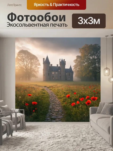 Фотообои поле буйной зелени, усыпанной мелкими красными маковыми цветами, лежит у окон старинного замка, затерянного…