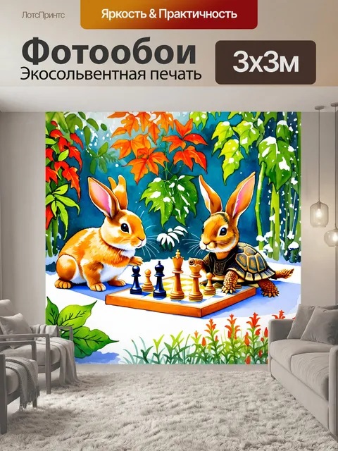 Фотообои кролик и черепаха играют в шахматы в зимнем саду, окруженные красочными растениями