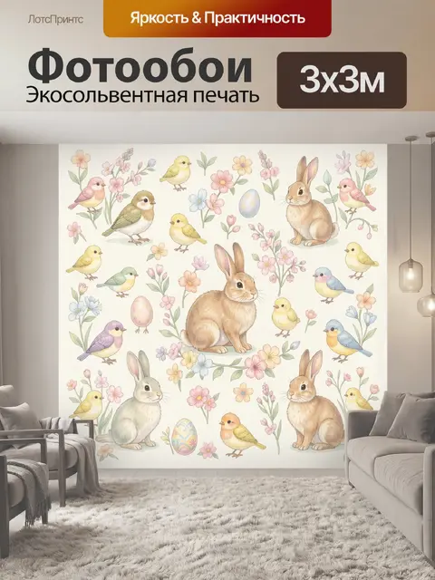 Фотообои Весенние зайцы и птички в цветах