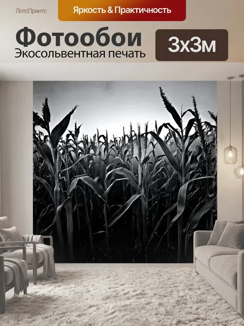Фотообои кукурузное поле, залитое утренним туманом, когда капли росы сверкают на листьях, создавая атмосферу…