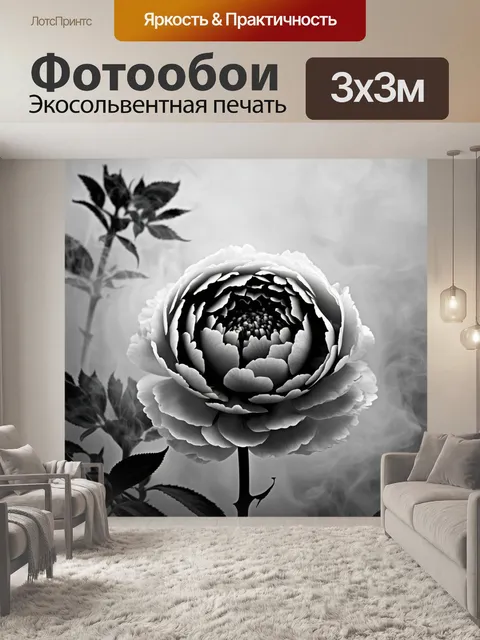 Фотообои пионы в черно-белом стиле