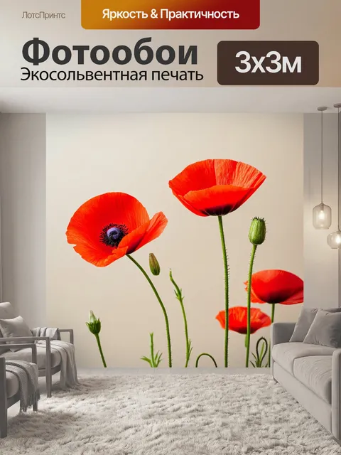 Фотообои цветы в стиле минимализм с яркими красными маками на нейтральном фоне