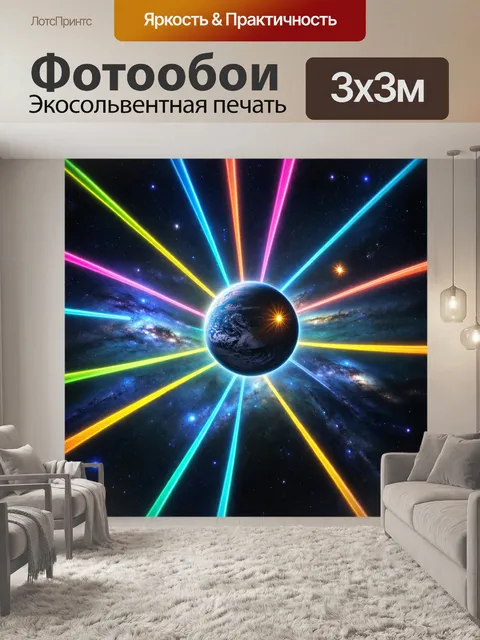 Фотообои космос в стиле сюрреализм, где планеты визуально связаны чрез призмы, создающие радугу из света