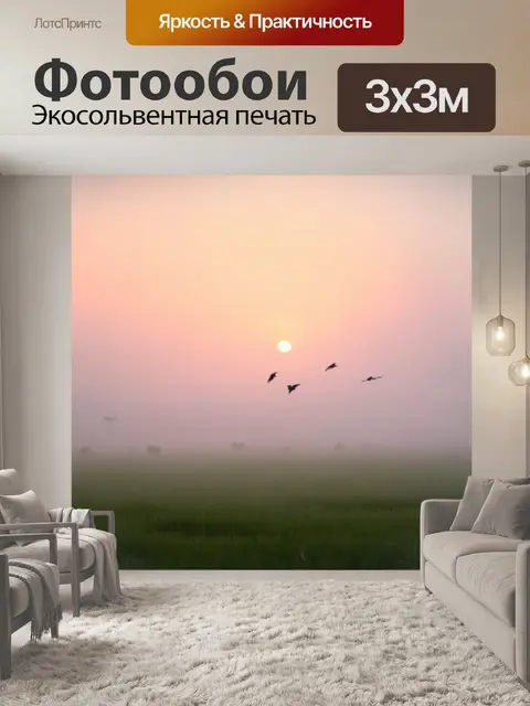 Фотообои туман в стиле люминизм, вечерний туман над полем, светящиеся силуэты птиц, нежные цвета заката
