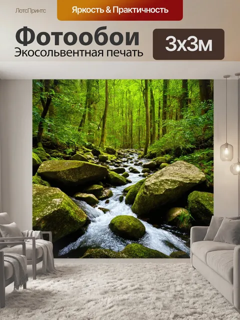 Фотообои лес с ручьями, журчащими между камнями на фоне леса