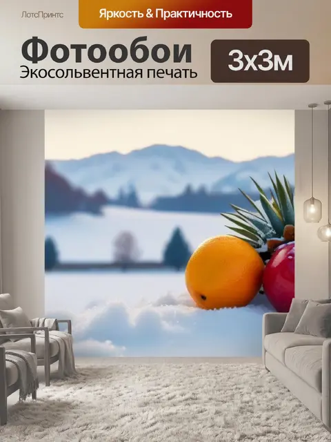 Фотообои зимние фрукты на фоне снежного пейзажа