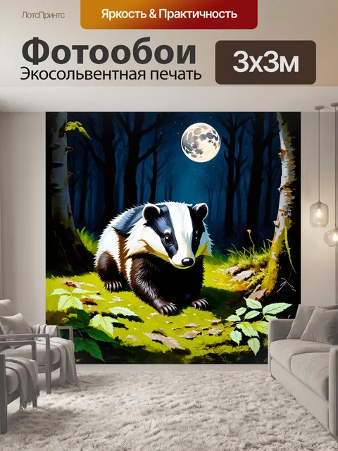 Фотообои ночной барсук, освещенный лунным светом, ползущий сквозь лесные листья и мох