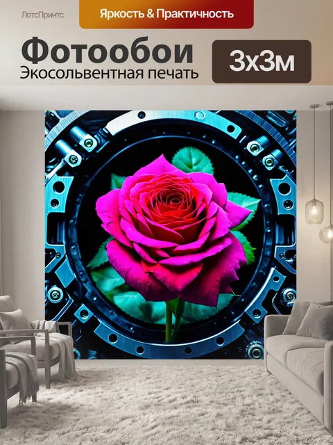 Фотообои розы в стиле киберпанк, контраст между природой и технологиями, экзотические цветы среди механических деталей